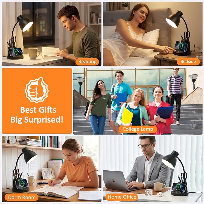 10W Wireless Charging LED Desk Lamp with Pen Holder, CRI 95, Black | 800LM, 3 Modes, 360°Flexible Arm, Touch, Brightness, Table Lamp for Home Office, Dorm, Bedside, Study, Reading, with Adapter - Image 8