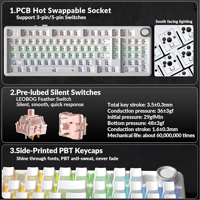 AULA F99 Pro Wireless Mechanical Keyboard-Silent Version,BT5.0/2.4GHz/USB-C Hot Swappable Custom Keyboard,Gasket Structure,Pre-lubed Linear Switches RGB Backlit Computer Gaming Keyboards,White - Image 5