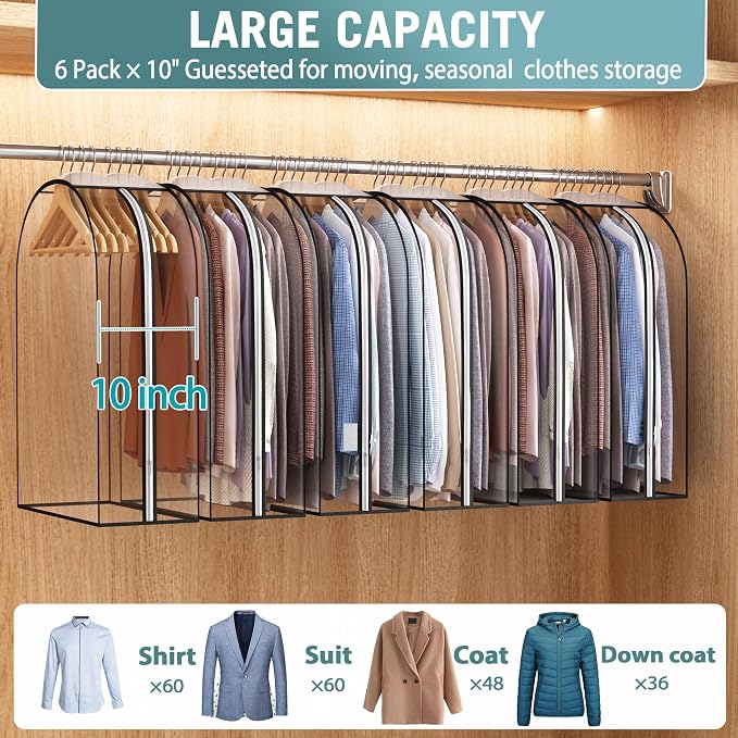 Liuoud Clear Garment Bags for Hanging Clothes 10” Gusseted, 6 Pack, 32” | Suit Bags for Closet Storage with Large Metal Zipper, Breathable odorless Hanging Plastic Clothes Cover for Coat Dress Fur - Image 2