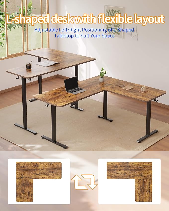YIHAYO L Shaped Standing Desk Adjustable Height, 63 x 55 Inches Electric Corner Standing Desk with Splice Board, Computer Desk for Home Office, Rustic Brown - Image 6