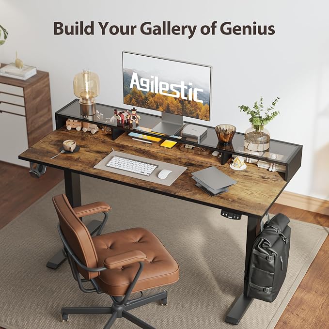 Agilestic 48*24 Inch Electric Standing Desk with Glass Shelf, Rustic Brown | Electric Height Adjustable, 2 Storage Drawer, Monitor Stand, Sturdy Steel Frame, Memory Presets, Hooks, 154 lbs, Splice Board - Image 5