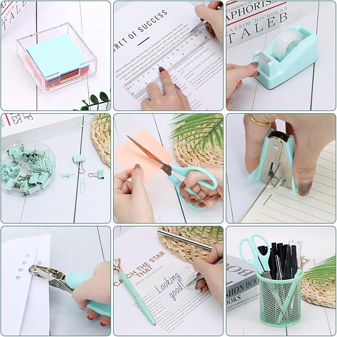 17 IN 1 Office Desk Organizer Set for Back to School Supplies Accessories | 3 Office Desk Storage Organization, 4 Pens, Stapler, Staples & Remover, Tape & Dispenser, Scissors, Ruler, Clips, Hole Punch - Image 5