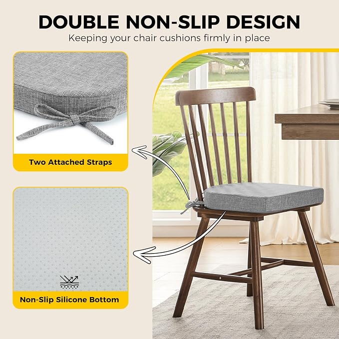 downluxe Indoor Chair Cushions for Dining Chairs, Soft and Comfortable Textured Foam Kitchen Chair Pads with Ties and Non-Slip Backing, 16" x 16" x 2", Light Grey, 4 Pack - Image 4