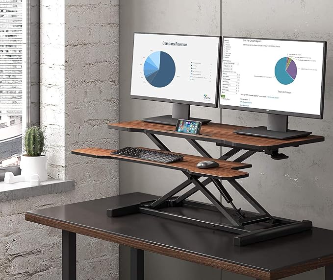 FITUEYES Height Adjustable Standing Desk 36” Wide Sit to Stand Converter Stand Up Desk Tabletop Workstation for Laptops Dual Monitor Riser Brown SD309102WE | Standing Desk Converter,Stand Up Desk Riser,for Laptop Dual Monitor Riser,Tabletop Workstation... - Image 2