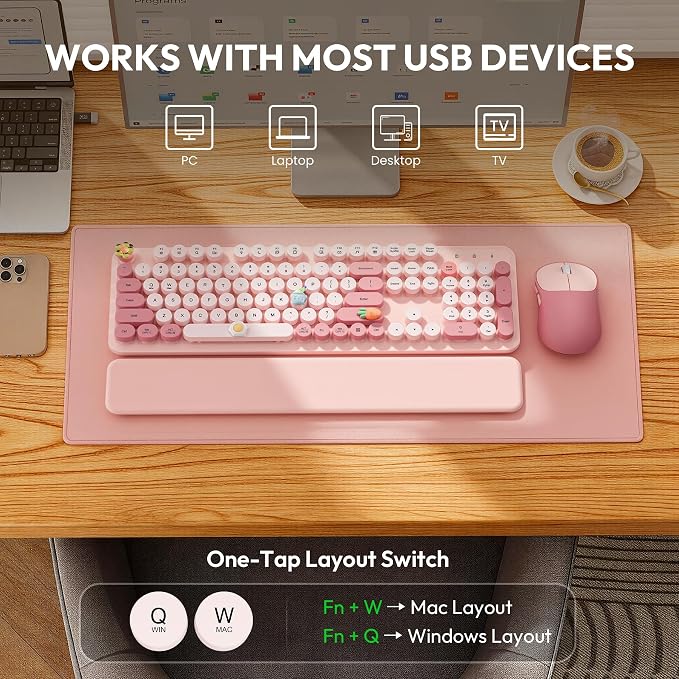 Wireless Keyboard and Mouse Combo, Typewriter Keyboard, Magnetic Wrist Rest | Full-Size, Cute Round Keycaps, Smart Sleep Mode, 2.4GHz Stable Connection for Mac/Windows/PC, Office or Home, Trueque CK24 - Image 7