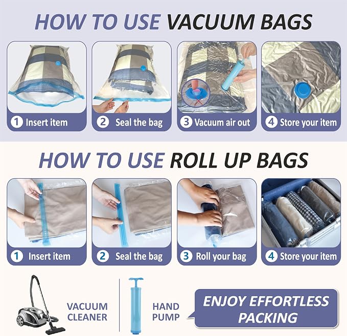 Vacuum Storage Bags with Hand Pump, Vacuum Seal Space Saver Bags,25 Combo | 80% Space-Saving Bags for Clothing, Blankets, Pillows, Bedding & Comforters; Multi-Size Variety Pack for Home & Travel - Image 7