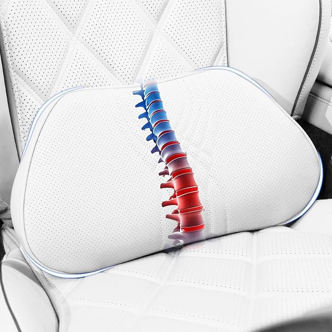 Lumbar Support Pillow for Car Seat, Office Chair, Off-White, 1PC | Leather Lumbar Pillow Memory Foam Lower Back Cushion for Back Pain Relief Improve Posture, Ergonomic Back Rest Gaming Chair by Dapucarin