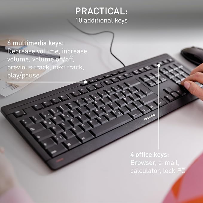 Cherry Stream Keyboard | Wired Slim Whisper Quiet | Silent Keys | Black | For PC/Laptop, Unique Typing Feel, Slim Design, CHERRY SX Scissor Switches, USB-A, QWERTY, Home or Office - Image 3