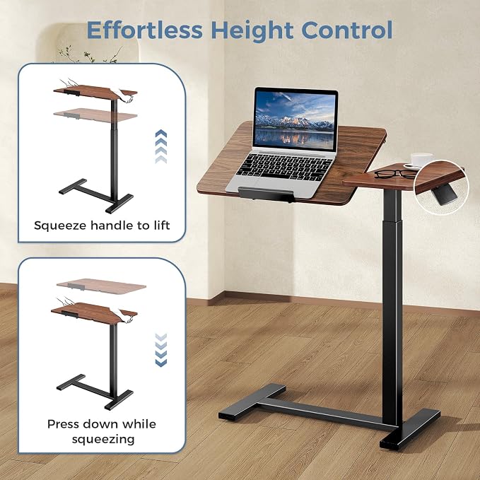 DUMOS Standing Desk with Wheels, Rolling Desk, Laptop Table | Adjustable Height, Portable Computer Workstation, Tilting Desktop, Home Office Classroom Bedside, Brown - Image 7