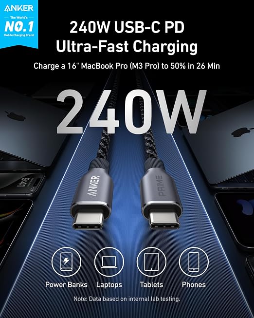 Anker Prime USB C to USB C Cable, 240W Fast Charging Durable Cable (3 ft) | USB 2.0 Upcycled Braided Nylon, 100-Year Bend Durability for iPhone 17 / 17 Pro / 17 Pro Max, MacBook, Galaxy, and More - Image 2