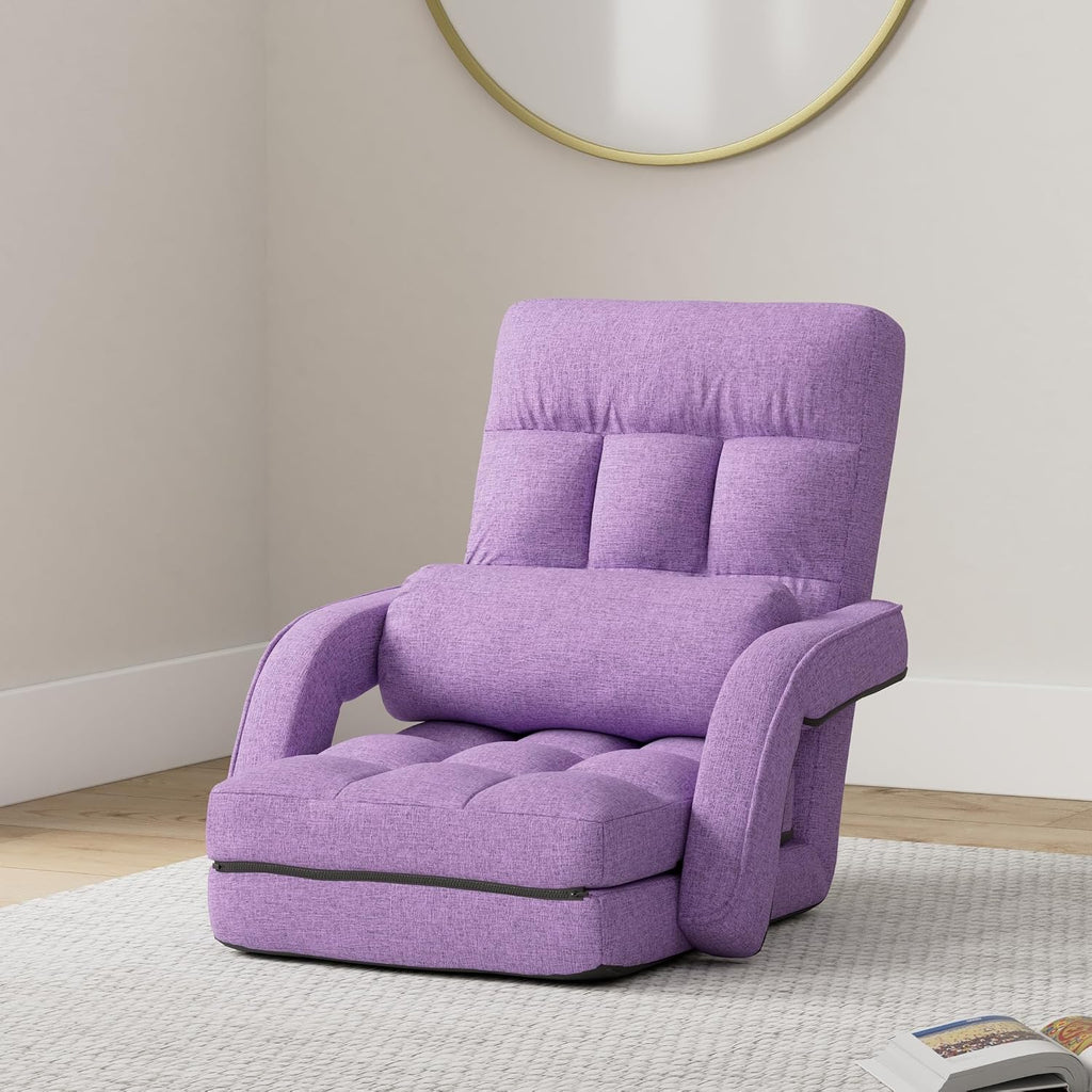 Floor Chair, Chaise Lounge Indoor, 14-Position Adjustable Folding Lazy Sofa with Armrests and a Pillow Padded Gaming Chairs for Living Room, Bedroom Factory Price (Purple) 8803PU - Image 2