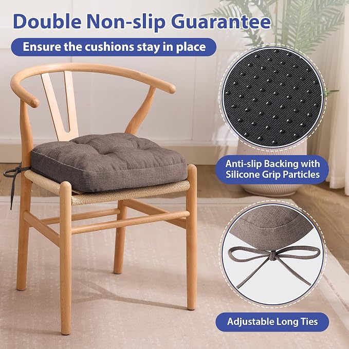 IASEAHK Chair Cushions for Dining Chairs, Dining Chair Cushions, Tufted Indoor Chair Pads with Ties & Non Slip Backing, Seat Cushions for Kitchen Chairs 16.5” x 16.5” x 3.5”, Set of 4, Light Brown - Image 4