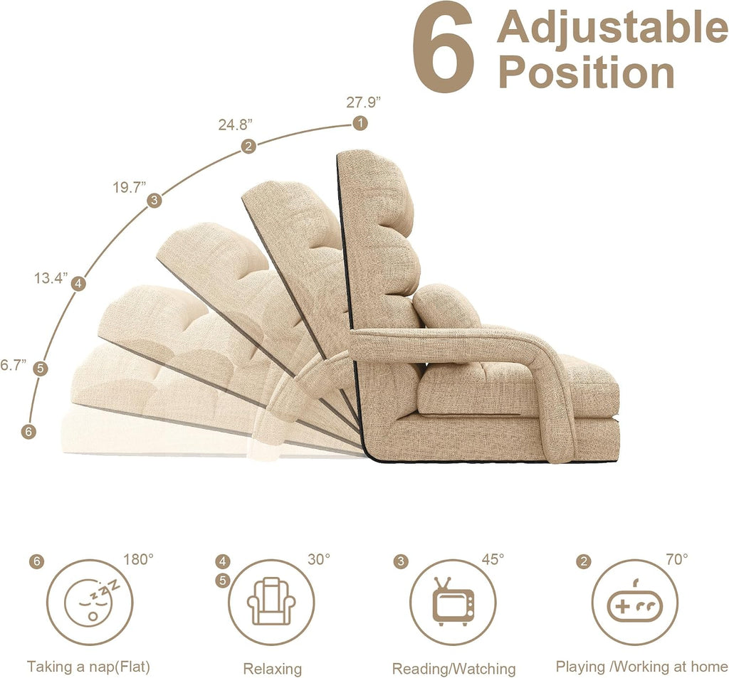 Floor Gaming Chair for Adults, 6-Position Adjustable Chaise Lounge Chair with Meditation Arm, Foldable Lazy Sofa with Pillow, Comfy Chair Indoor for Bedroom Dorm Living Room, Beige - Image 2