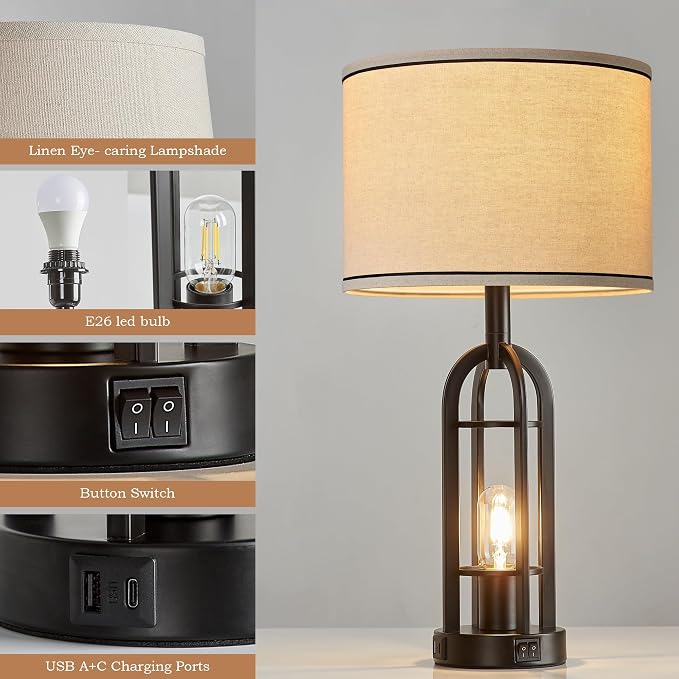 SRJJA Black Table Lamps for Living Room Set of 2 - Farmhouse Industrial Lamps for Night Stands with Night Light & USB A+C, 24" Rustic Bedside Lamp for Bedroom, Bulbs Included - Image 5