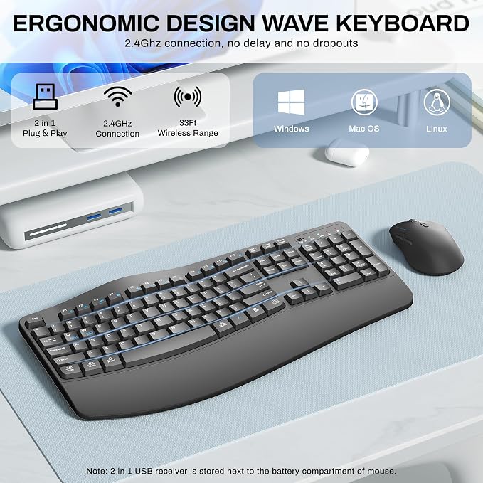 Wireless Keyboard and Mouse Combo,2.4G Full Size Ergonomic Wave Keys(Gray) | Cordless Keyboard with Wrist Rest,3-Level DPI Ergonomic Mouse for Office and Home,Windows/Mac OS/Desktop/Laptop/PC - Image 2
