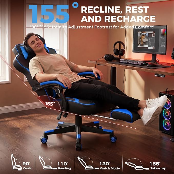 GTPLAYER Gaming Chair with Footrest, 350LBS Big and Tall Office Chair, Ergonomic High Back Lumbar Support and Recliner for Back Pain Relief, Blue - Image 7