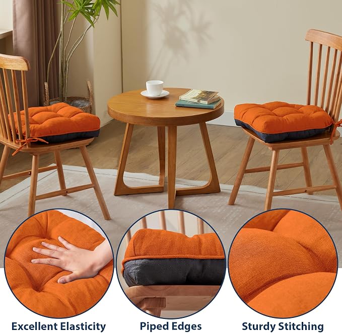 IASEAHK Chair Cushions for Dining Chairs, 15.5" x 15.5" x 4", Orange | Set of 4, Tufted Foam, Non Slip, With Ties, Machine Washable,Seat Cushions for Indoor&Kitchen&Dining Room - Image 5