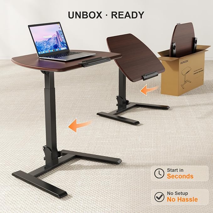 ROMOON Folding Standing Desk with Wheels: No-Assembly, Height Adjustable | Portable Sit-Stand Laptop Cart with Tilt Top, Rolling Computer Table for Home Office, Sofa, Bedroom and Small Spaces, Walnut - Image 3