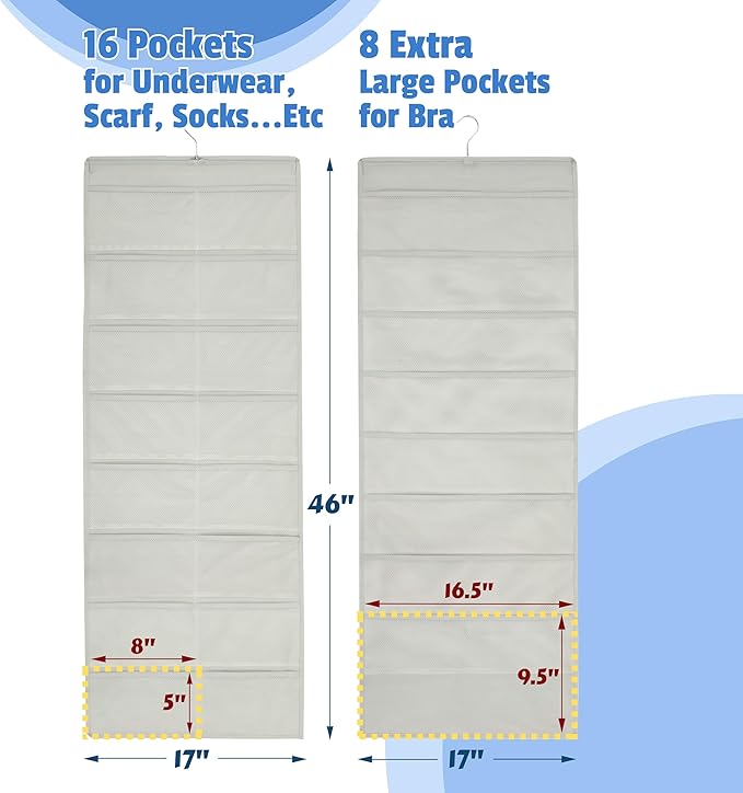Simple Houseware 24-Pocket Double-Sided Hanging Closet Organizer | 1 Pack, for Bra & Underwear Storage with Rotating Hanger, Mesh Fabric, Gray - Image 2