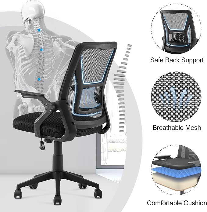 VECELO Mid-Back Swivel Ergonomic Office Chair with Adjustable Arms, Mesh Lumbar Support for Computer Task Work, Black - Image 4