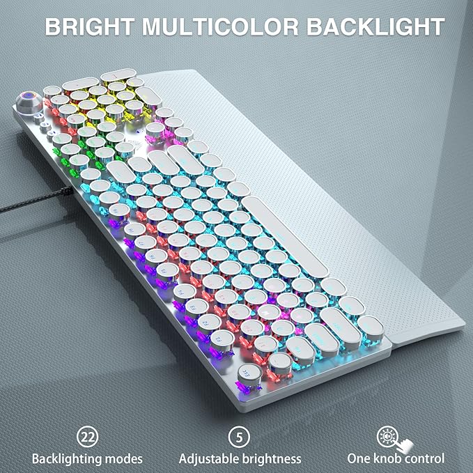 AULA F2088 Typewriter Mechanical Keyboard, White Retro Wired Gaming Keyboard with Blue Switches, Rainbow Backlit, Round Keycaps, Media Knob & Removable Wrist Rest - Image 4