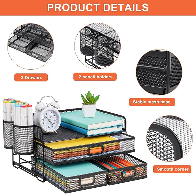 Marbrasse 3 Tier Mesh Desk Organizer with Drawer, Multi-Functional Desk Organizers and Accessories, Paper Letter Organizer with 2 Pen Holder for Home Office Supplies (Black) - Image 3