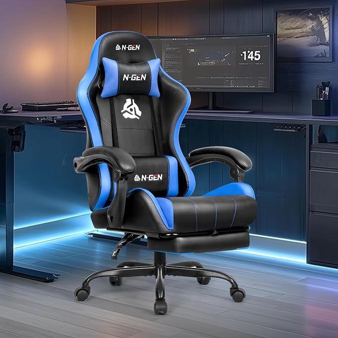 N-GEN GAMING Gaming Chair with Footrest, Lumbar Support, High-Back, Blue | Reclining Backrest, Linkage Armrests, Durable PU Leather, Adjustable Comfort for Extended Computer, Desk, or Home Office Use - Image 2