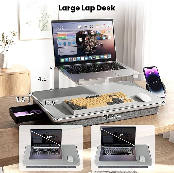 Large Adults Lap Desk for Laptop with Phone Holder & Storage Drawer | Laptop Stand for Bed Fits up to 17" Laptops & MacBook, Pillow Lap Desks for Adults with Cushion for Bed & Couch, Grey - Image 2