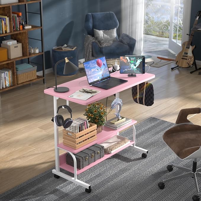 32" Rolling Standing Desk with Charging Station for Couch Bed | Height Adjust 27.5-41", 2 AC/3 USB, Mobile 4 Lockable Wheels, 2-tier Shelves Hook, Safe Corner Fast Assembly - Image 2