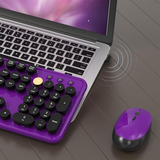 Colorful MPTOG Wireless Computer Keyboard and Mouse Combo (Black-Purple) | Retro Round Typewriter Keycaps, Power Switch, Ergonomic Design, 2.4GHz Wireless for Windows, Mac, PC - Image 4