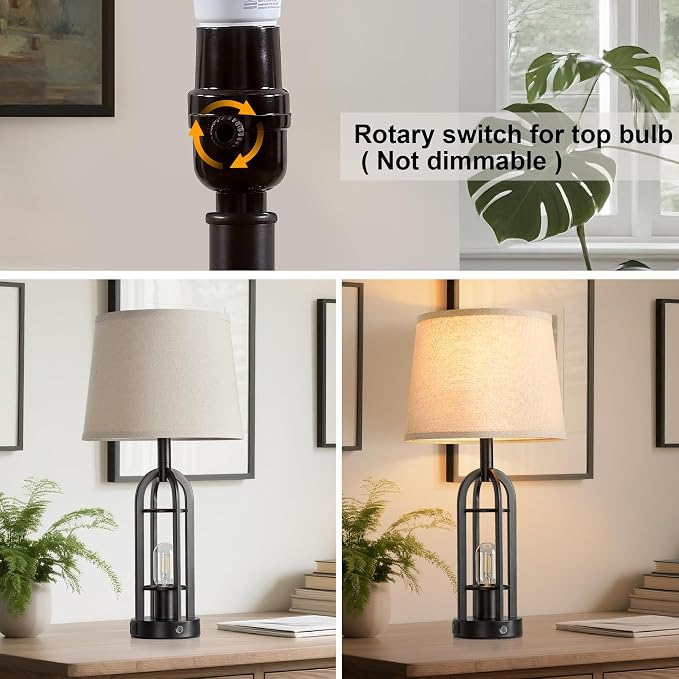 SRJJA 24" Table Lamps for Living Room Set of 2, Farmhouse Industrial 3-Way Dimmable Touch Bedside Lamps with USB A+C for Bedroom Nightstand，4 Bulbs Included - Image 3