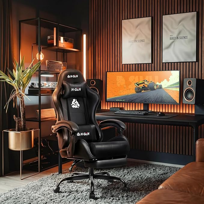 N-GEN GAMING Gaming Chair with Footrest, Lumbar Support, High-Back, Black | Reclining Backrest, Linkage Armrests, Durable PU Leather, Adjustable Comfort for Extended Computer, Desk, or Home Office Use - Image 2