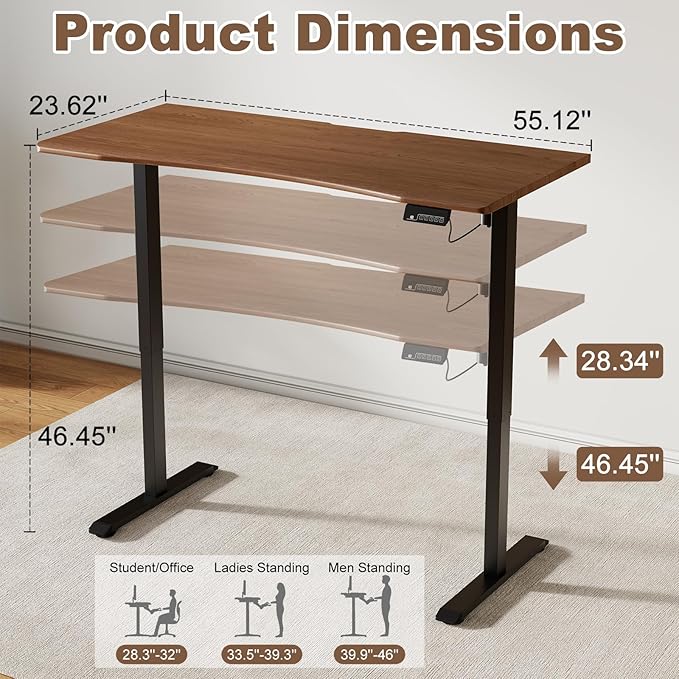 Solid Wood Electric Standing Desk, 55"x23.6" Walnut Standing Desk | 1 BOX,Home Office Desk with 3 Stages Single Motor, Wood Standing Desk with T-Shaped Metal Bracket for Gaming - Image 3