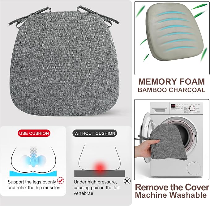 SINOSSO 6 Pack Memory Foam Chair Cushions for Dining Chairs, Friendly Woven Fabric 16" U-Shape Comfortable Kitchen Chair Pads, Removable Slip Resistant Seat Cushions (Set of 6, Dark Grey) - Image 5