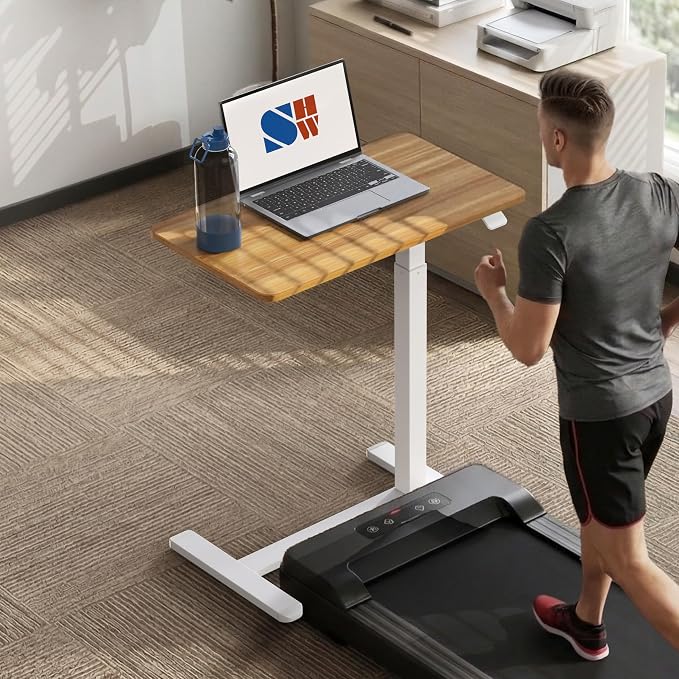 SHW Height Adjustable Mobile Laptop Desk w/Pneumatic Lift, Oak | Height Adjustable from 26" to 41.7" | Compact C-Shaped Side Table for Home Office and Bedside - Image 9