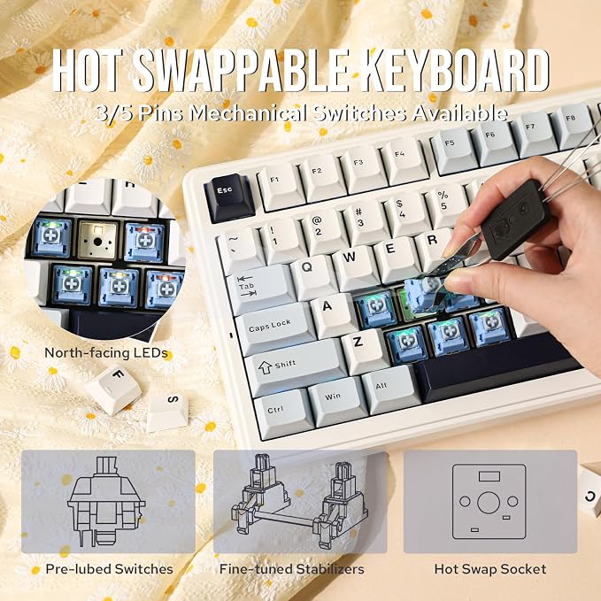 EPOMAKER x Aula F99 Wireless Mechanical Keyboard, Hot Swappable Gasket | Custom Gaming Keyboard with Five-Layer Padding, BT/2.4GHz/USB-C, 8000mAh Battery (White Blue, Graywood V3 Switch) - Image 7