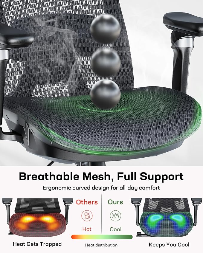 Marsail Big and Tall Mesh Ergonomic Office Chair with 6D Armrests | 6-level lumbar support, sliding seat depth, high-elastic mesh seat, 3D headrest, 4-position recline, adjustable seat height - Image 5