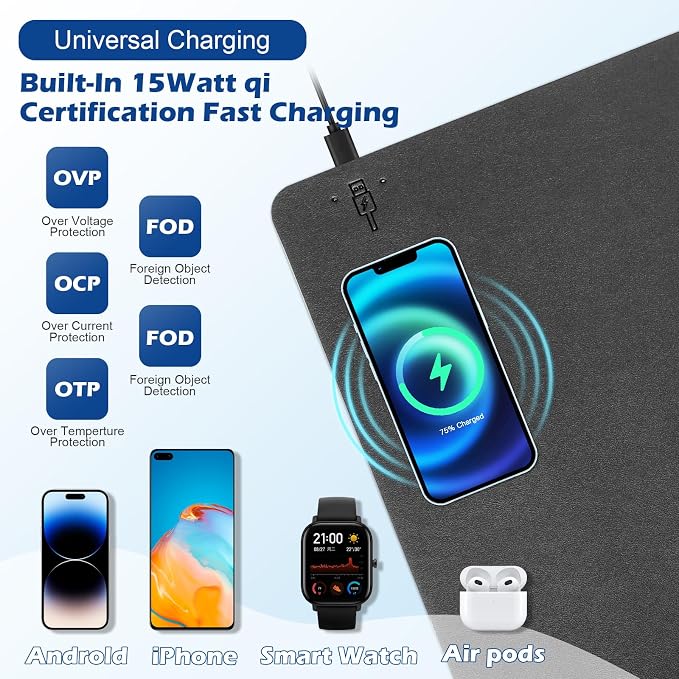 Wireless Charging Desk Mat, Mouse Pad, Black-L, 36 * 17inch - Image 4