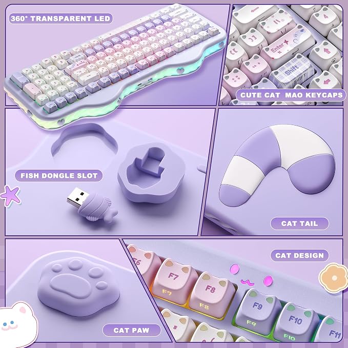 YUNZII C98 Cute Wireless Mechanical Keyboard(Purple Mao, Candy Switch) | Cake Keyboard,99 Keys with Number Pad, MAO Keycaps, BT5.0/2.4G/USB-C,Hot Swap, Gasket Mount, Custom RGB Backlight for Win/Mac - Image 8