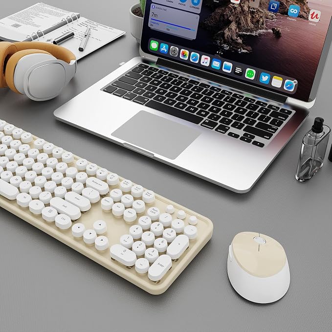 Wireless Keyboard and Mouse Combo, Ergonomic Full Size Typewriter Retro Round Keycaps Keyboard, Compatible with Windows, PC, Perfer for Home and Office Keyboards (Beige - Image 8