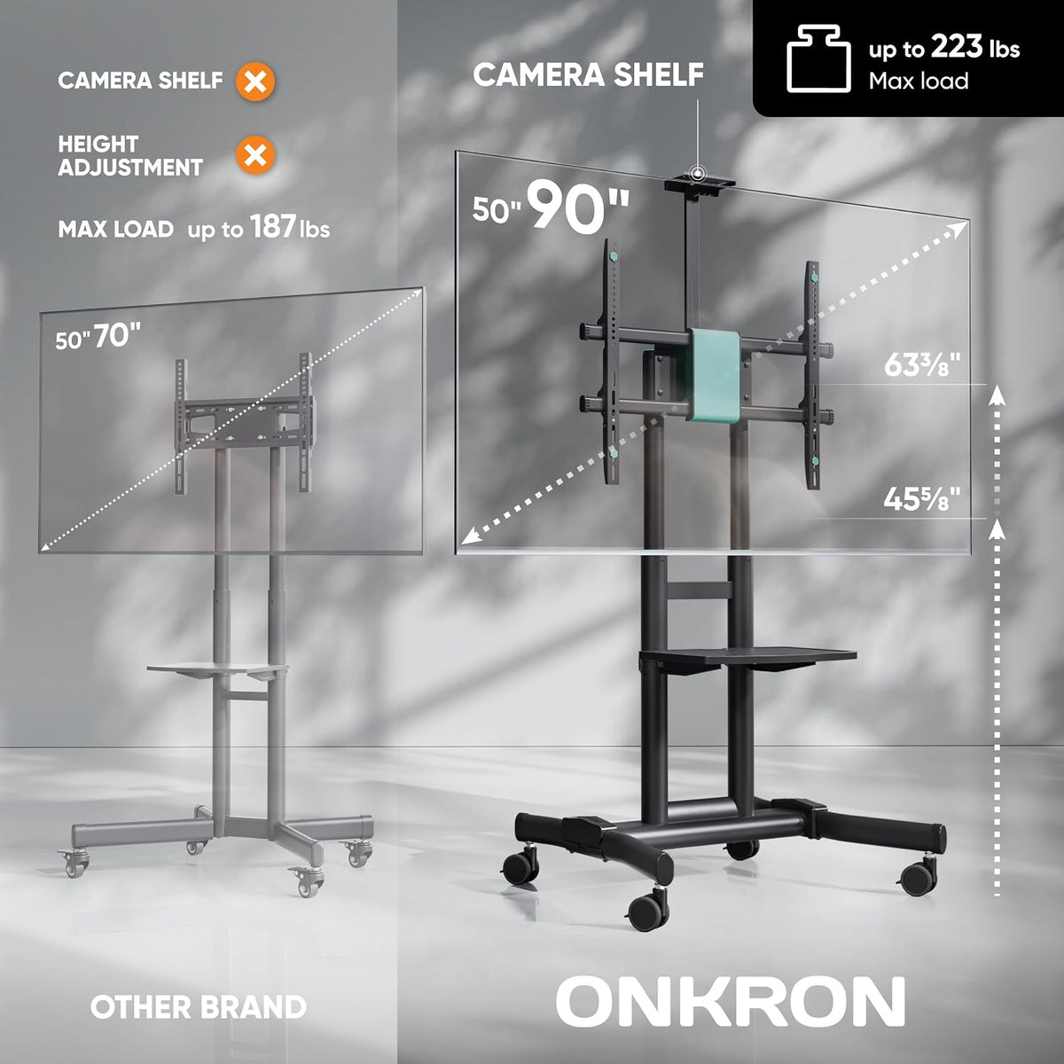 ONKRON Mobile TV Stand 50-90 Inch, up to 200 lbs, max VESA 800x600, Black - Image 4
