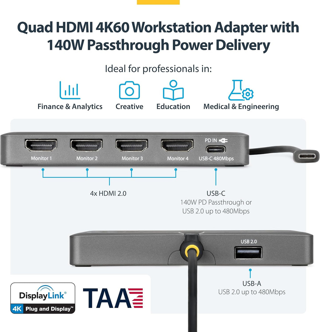 StarTech USB-C to Quad HDMI 4K60 Workstation Dock, 140W PD, DisplayLink - Image 2