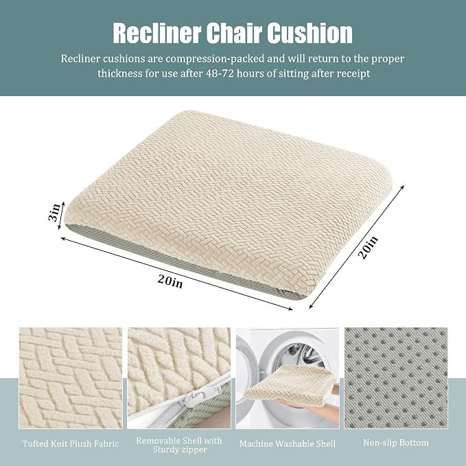 HOMBYS Tufted Furry Recliner Seat Cushion for Elderly Foam Curved Edge Large Square Seat Cushion for Recliner Chair, Floor Pillow, Office Chair, Car, No Pressure on Thighs(Beige) - Image 2