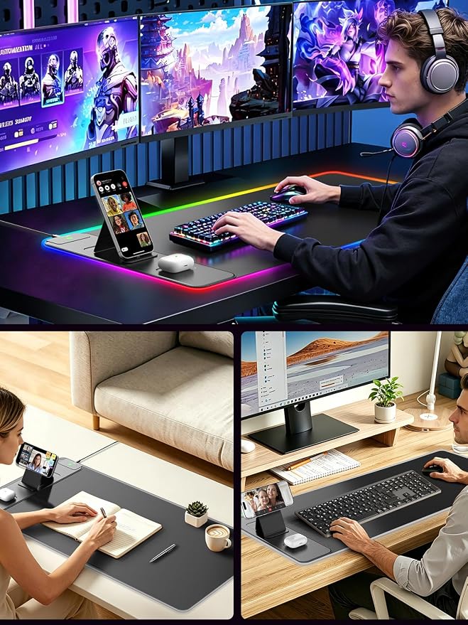 Wireless Charging Mouse Pad with Magnetic Phone Stand, 31.5"x15.8" Large | Gaming Mousepad RGB Desk Mat, Smooth Glide, Stitched Edge, Non-Slip Rubber Base, Waterproof Keyboard Mat, No Adatper - Image 9