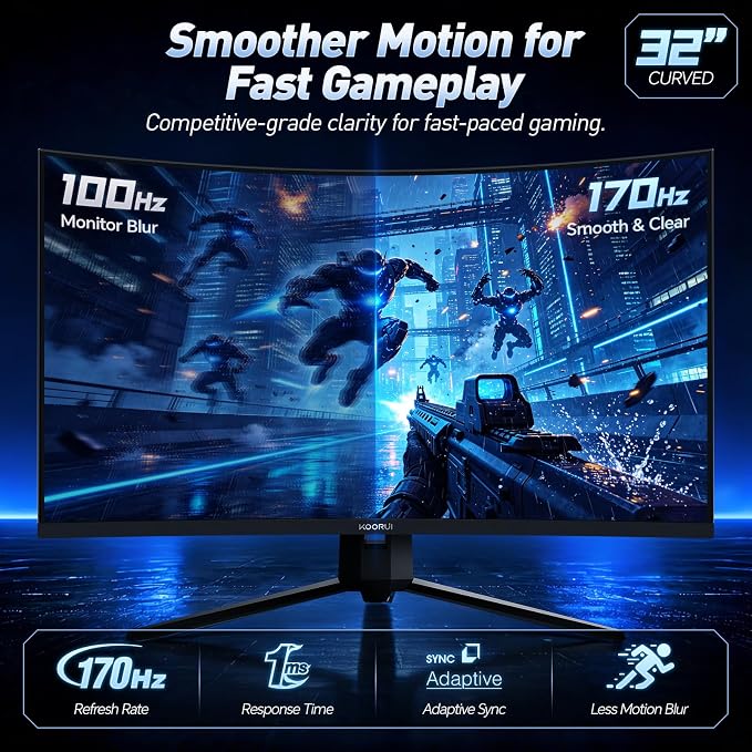 KOORUI 32 inch Curved Gaming Monitor, QHD 170Hz, 1ms 1500R Display | 2560×1440p Monitor, Adaptive Sync, 90% DCI-P3, HDMI×2 and DP, VESA, FPS & Console Gaming, Immersive Gaming - Image 2
