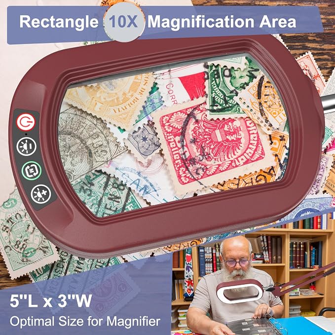 16" Extra Long Magnifying Glass with Light and Clamp, Real Glass, 5 Color Modes, Stepless Dimmable, Lighted Magnifier with Stand Hands Free, LED Swing Arm Desk Lamp for Close Work, Craft, Red - Image 3