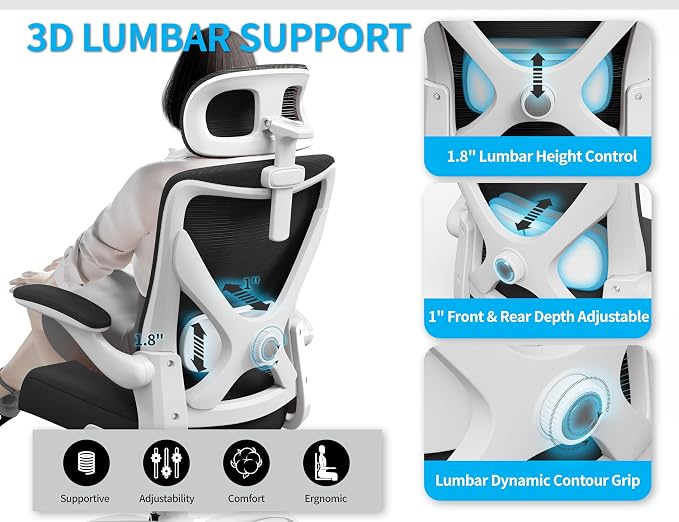 Ergonomic Office Chair: Mesh Desk Chair Comfy with Headrest& Lumbar Support | Ergalithic Big and Tall Office Chairs with Wheels & Flip-Up Arms-Computer Gaming Chairs for Adults Home Office (White Black) - Image 8