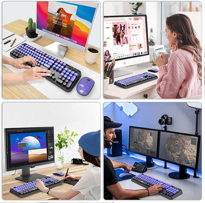 Wireless Keyboard and Mouse Combo | Cute Colorful Keyboard and Mouse with 2.4GHz Cordless Retro Typewriter Keyboard | Auto-Sleep | USB Receiver for Windows PC/Laptop - Black Purple Gradient - Image 7