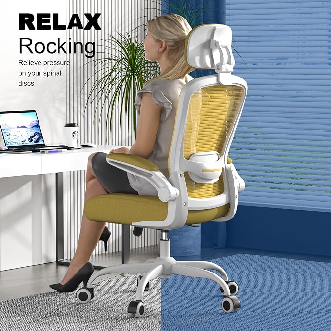 Mimoglad Office Chair, High Back Ergonomic Desk Chair with Adjustable Lumbar Support and Headrest, with flip-up Armrests for Guitar Playing, 5 Years Warranty (Modern, Golden Light) - Image 7