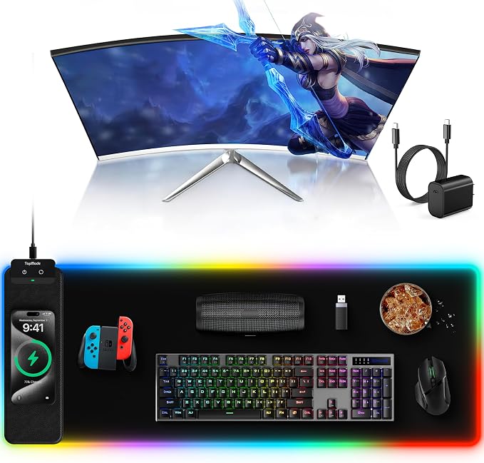 TopMade Mouse Pad with Wireless Charging, 31.5" x 11.81" Large Desk Mat RGB Gaming Mousepad, LED Desk Pad Keyboard Pad, Waterproof Desk Pad (Includes 20W PD Power Adapter & 6.56ft Woven Cable) by TopmadeProduct-Ordernow